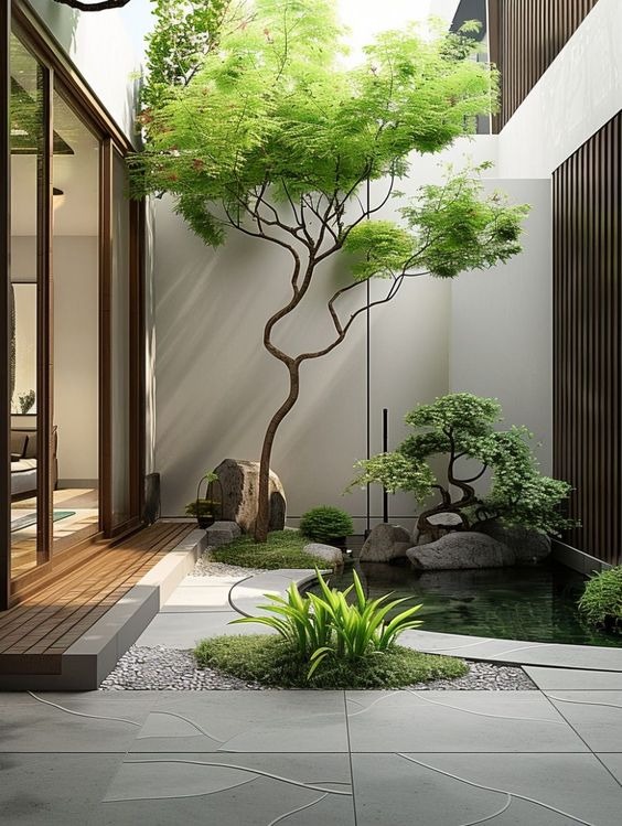Khu vườn phong cách Nhật Bản với cây xanh, hồ nước nhỏ và không gian mở thư giãn.