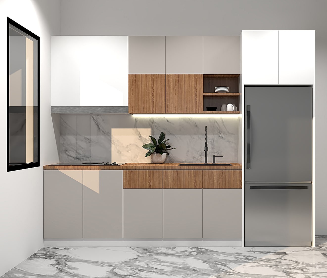 Nhà bếp hiện đại với tủ gỗ, mặt đá cẩm thạch, và tủ lạnh màu xám, thiết kế gọn gàng và sáng sủa.