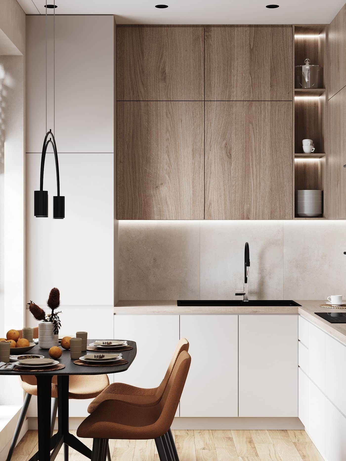 Nhà bếp hiện đại với tủ gỗ và bàn ăn trang trí, đèn treo phong cách.