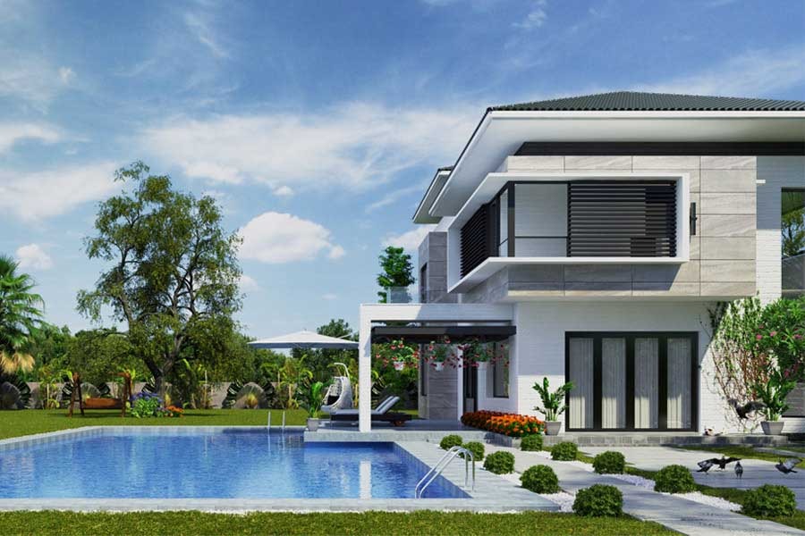Biệt thự hiện đại với hồ bơi, sân vườn xanh mát, trời xanh mây trắng.