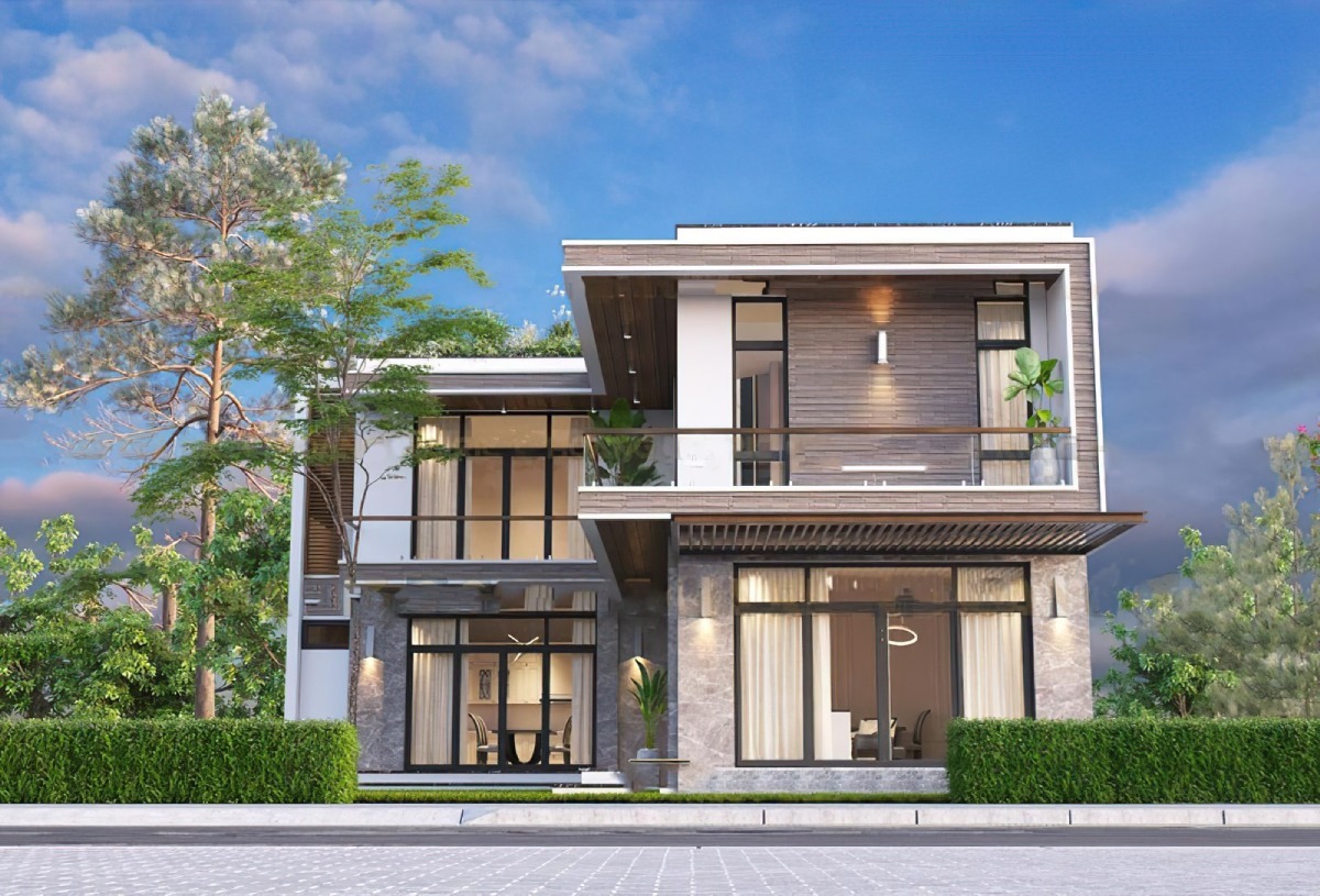 Nhà phố hiện đại với thiết kế đẹp mắt, cây xanh xung quanh và bầu trời xanh.