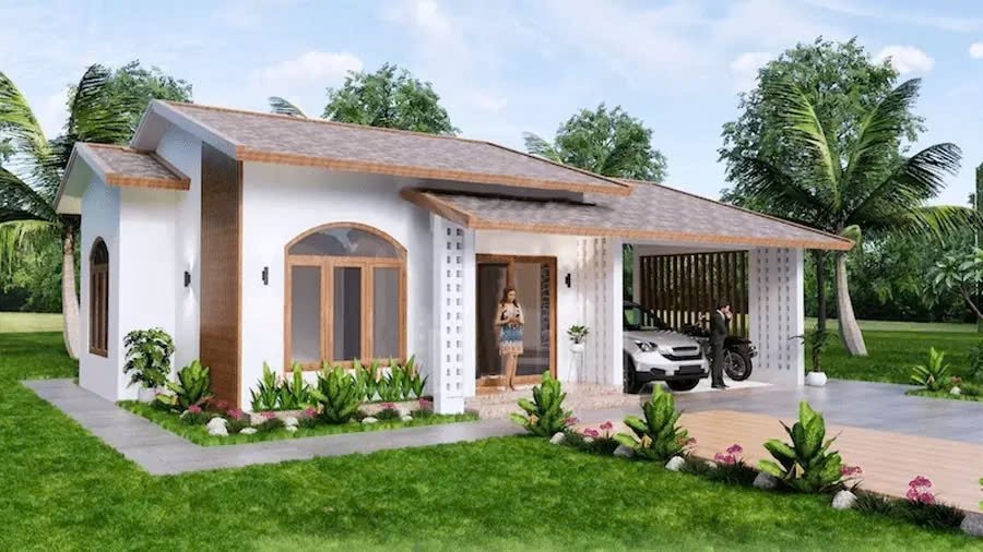 Nhà cấp 4 hiện đại với sân vườn xanh, có xe hơi đậu trong gara bên cạnh, thiết kế hài hòa và thoáng mát.