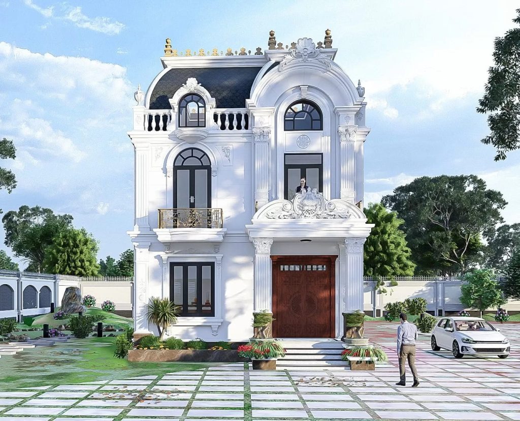 Biệt thự tân cổ điển 3 tầng với sân vườn rộng và xe ô tô đỗ phía trước, thiết kế sang trọng và ấn tượng.