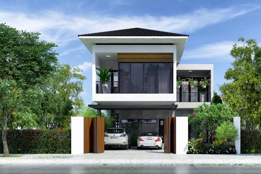 Ngôi nhà hiện đại hai tầng với gara, cửa sổ lớn và cây xanh xung quanh.