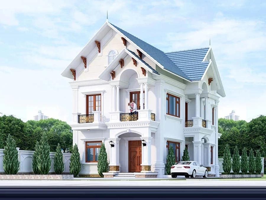 Ngôi biệt thự trắng hai tầng với mái ngói xanh, cây xanh bao quanh, ô tô đậu trước sân, bầu trời trong xanh.