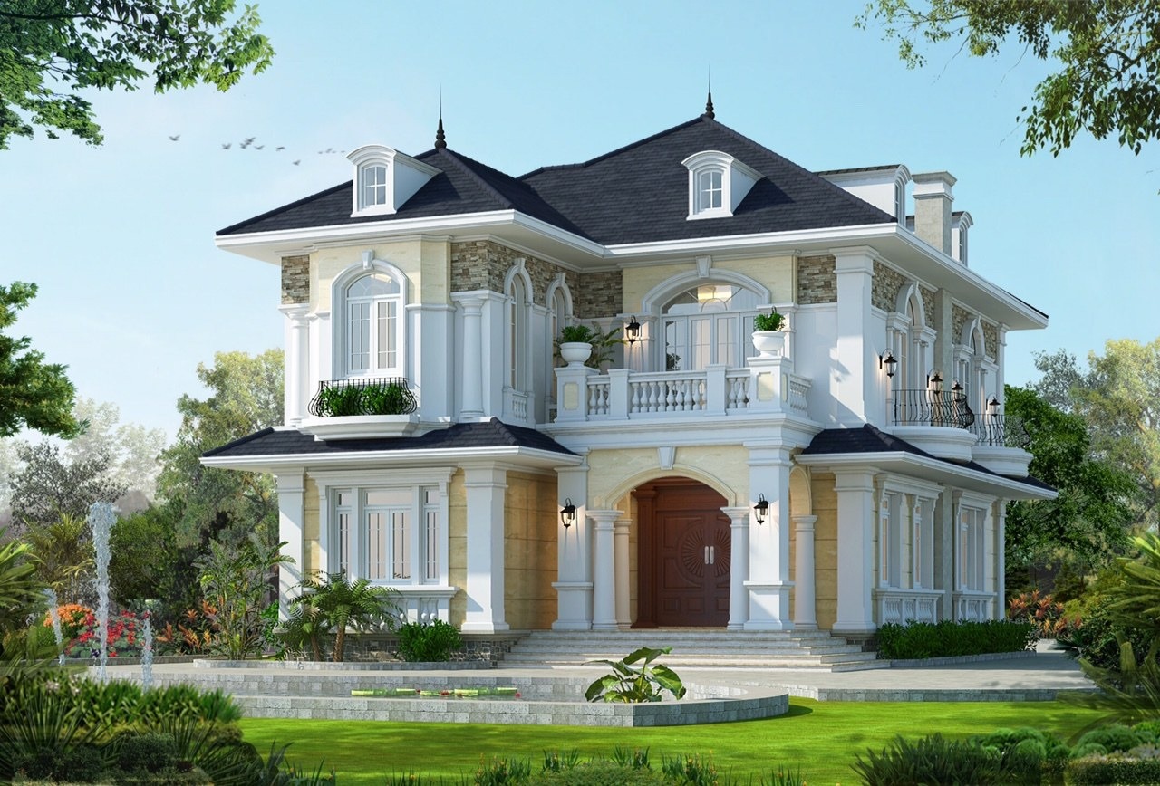 Biệt thự hai tầng sang trọng với sân vườn xanh mát và thiết kế mái đen hiện đại.