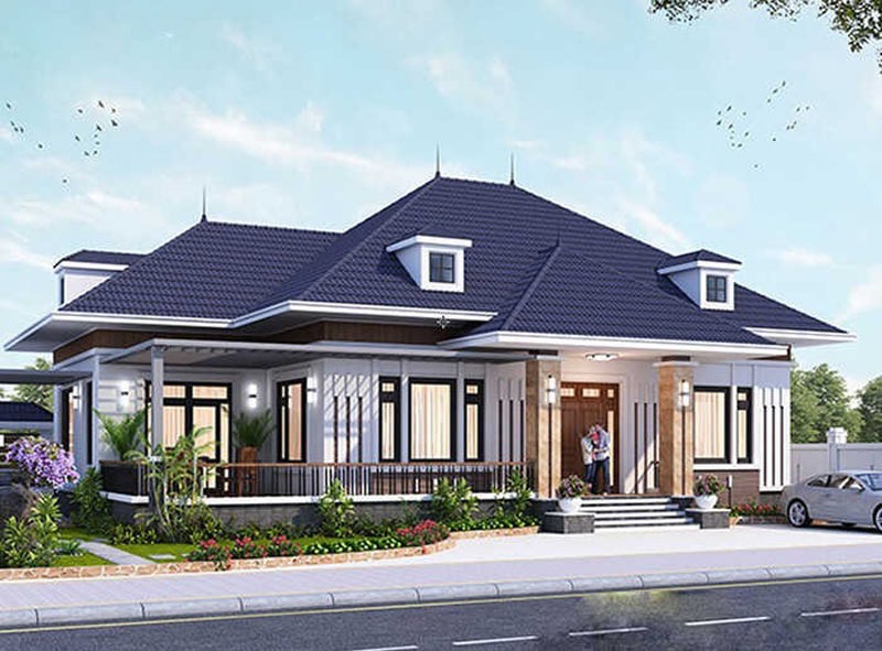 Nhà mái Thái hiện đại với sân vườn, đường phố trước mặt và cây xanh xung quanh, thiết kế kiến trúc độc đáo.