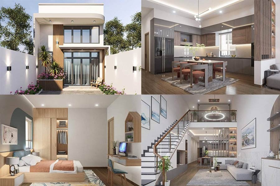 Nhà phố hiện đại 2 tầng với thiết kế nội thất sang trọng bao gồm phòng khách, bếp, phòng ngủ và cầu thang tinh tế.