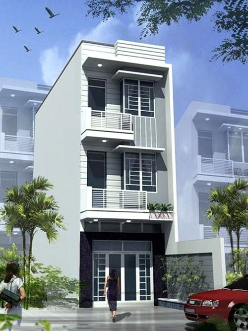 Nhà phố hiện đại ba tầng với cửa kính lớn, cây xanh và ô tô đỗ phía trước, bầu trời xanh và chim bay phía trên.
