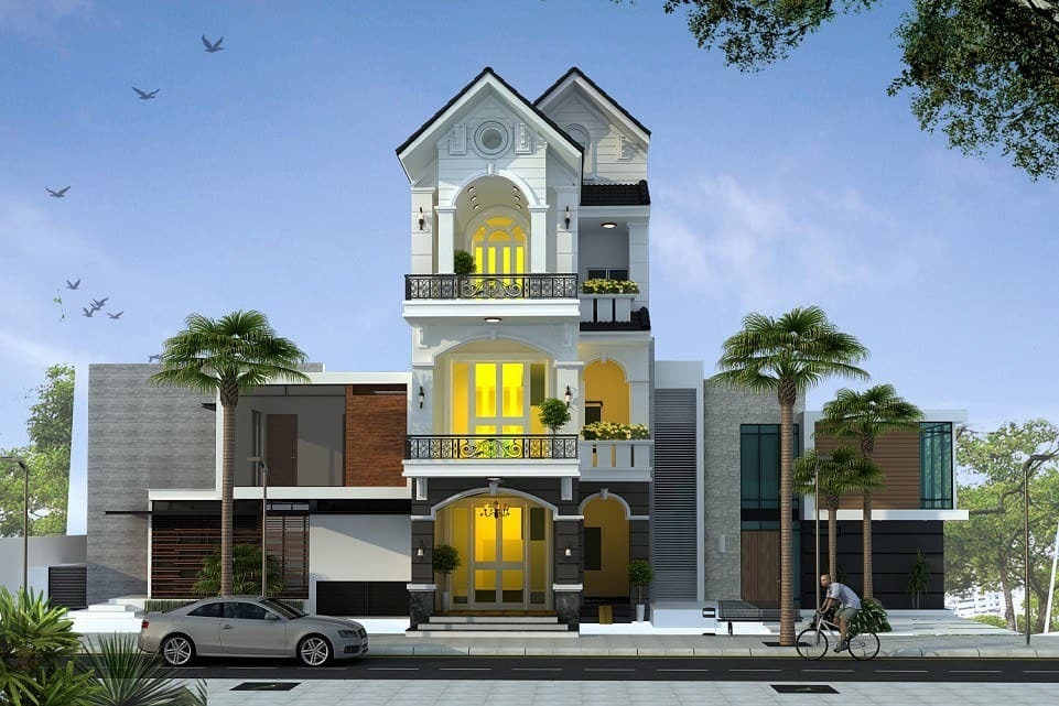 Nhà phố ba tầng hiện đại với cây cọ trước, xe hơi và người đi xe đạp trên đường trong ánh sáng ban ngày.