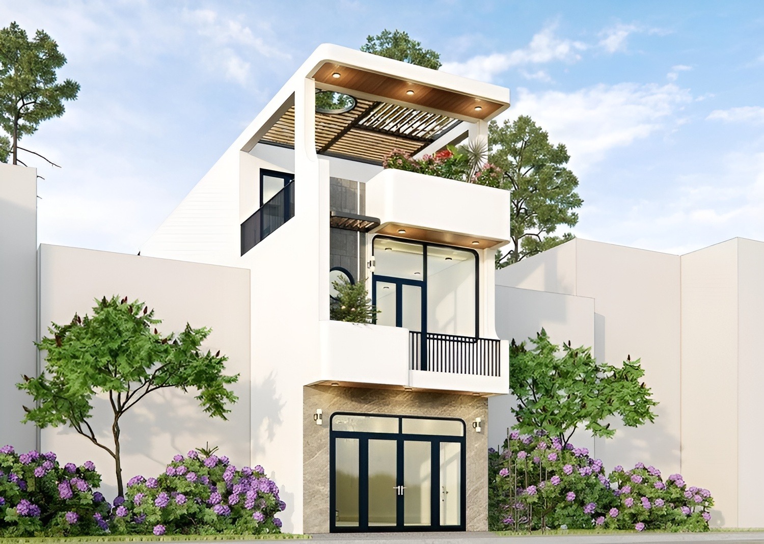 Nhà phố hiện đại ba tầng với thiết kế kính và ban công, cây xanh và hoa tím phía trước.