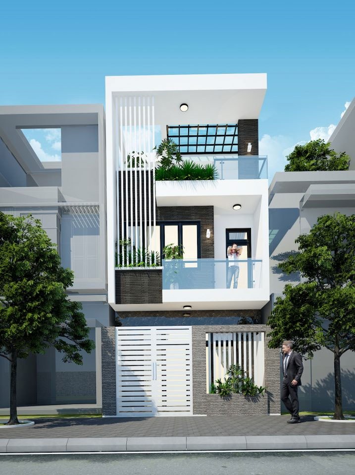 Ngôi nhà hiện đại ba tầng với thiết kế kính và cây xanh, trời xanh trong, mặt tiền đường yên tĩnh.