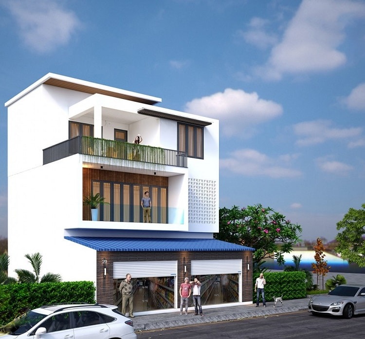 Nhà phố hiện đại ba tầng với ban công và ô tô đỗ phía trước, bầu trời xanh mây trắng.