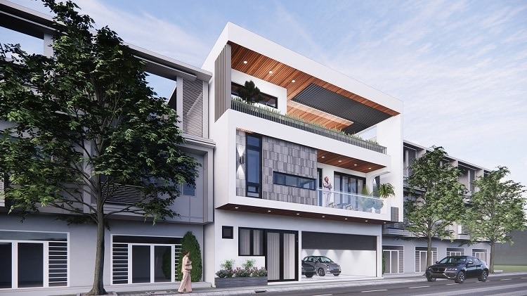 Nhà phố hiện đại ba tầng với kiến trúc tối giản, cây cối xung quanh và ô tô đậu phía trước.