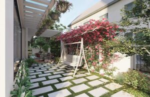 Khu vườn thư giãn với xích đu trắng, cây leo phủ hoa hồng, và sàn đá trắng tạo không gian mở thoáng mát.