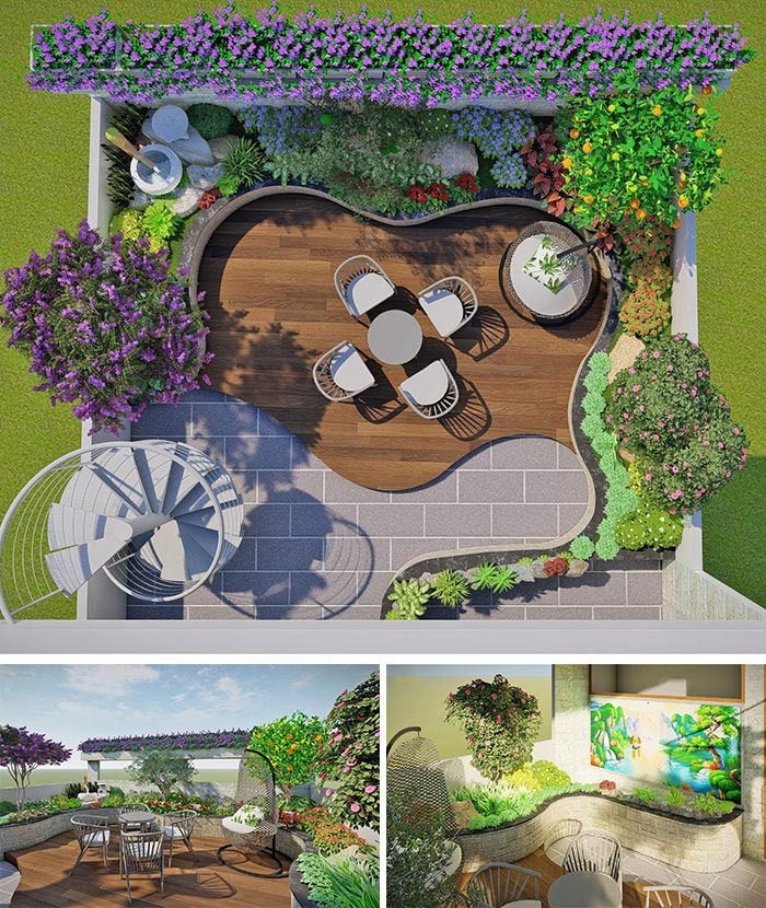 Sân thượng xanh mát với bàn ghế, cây cảnh và hoa, thiết kế hiện đại. Khu vườn thư giãn lý tưởng tại nhà.