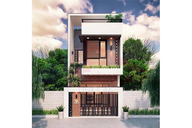 Nhà phố hiện đại 3 tầng với thiết kế kiến trúc tinh tế, bao quanh bởi cây xanh và cổng lớn.