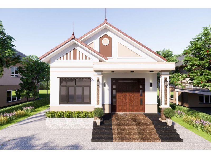 Nhà cấp 4 hiện đại với mái ngói, cửa gỗ, sân vườn xung quanh xanh mát, thiết kế sang trọng, thân thiện với thiên nhiên.