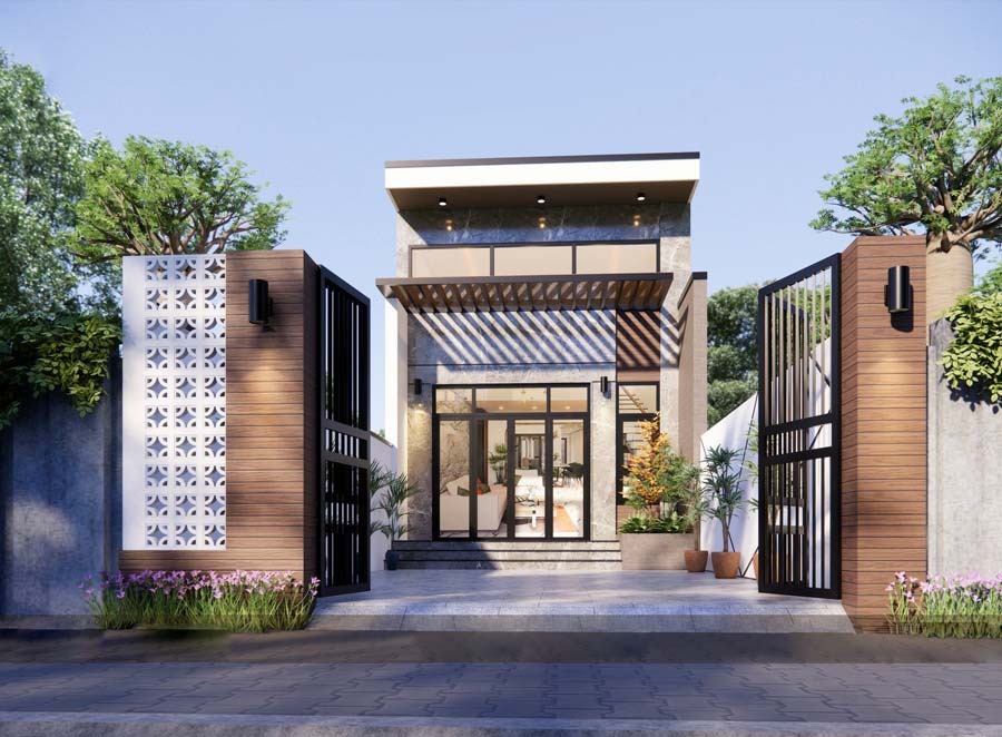 Nhà hiện đại với thiết kế tối giản, sân trước và cửa kính lớn, bao quanh bởi cây xanh.