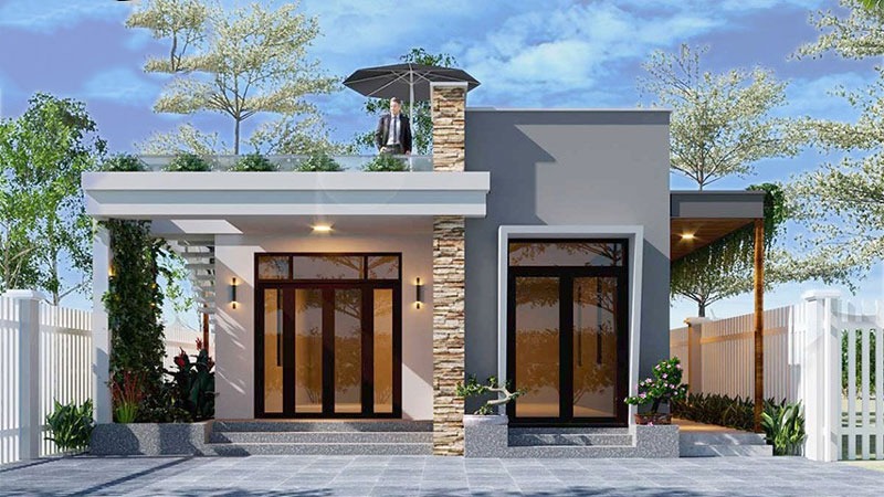 Nhà cấp 4 hiện đại với sân thượng xanh mát và cửa kính lớn, thiết kế tối giản hài hòa với thiên nhiên.