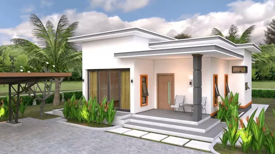 Nhà cấp 4 hiện đại với sân vườn xanh mướt, thiết kế mái bằng, cửa kính lớn và sân trước thoáng mát.