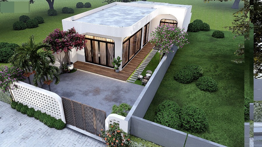 Nhà hiện đại với sân vườn xanh, thiết kế mái bằng và hàng rào bao quanh, không gian mở và thoáng mát.