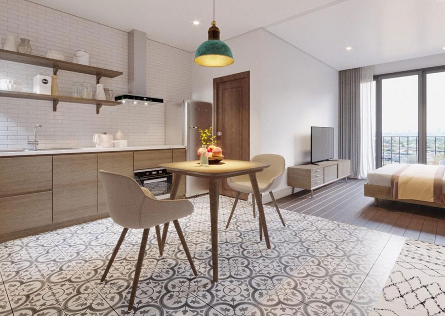 Căn hộ hiện đại với nhà bếp mở, bàn ăn, ánh sáng tự nhiên, nền gạch hoa văn và bàn ghế gỗ.