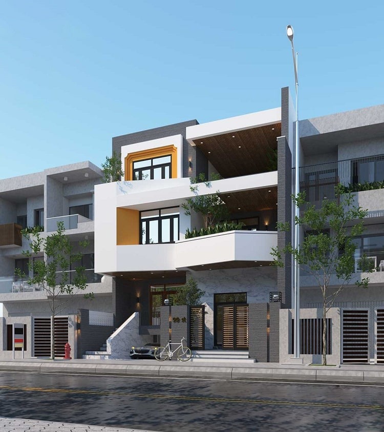 Nhà hiện đại 2 tầng với thiết kế thanh lịch, ban công rộng rãi và cây xanh, xe đạp đỗ phía trước.