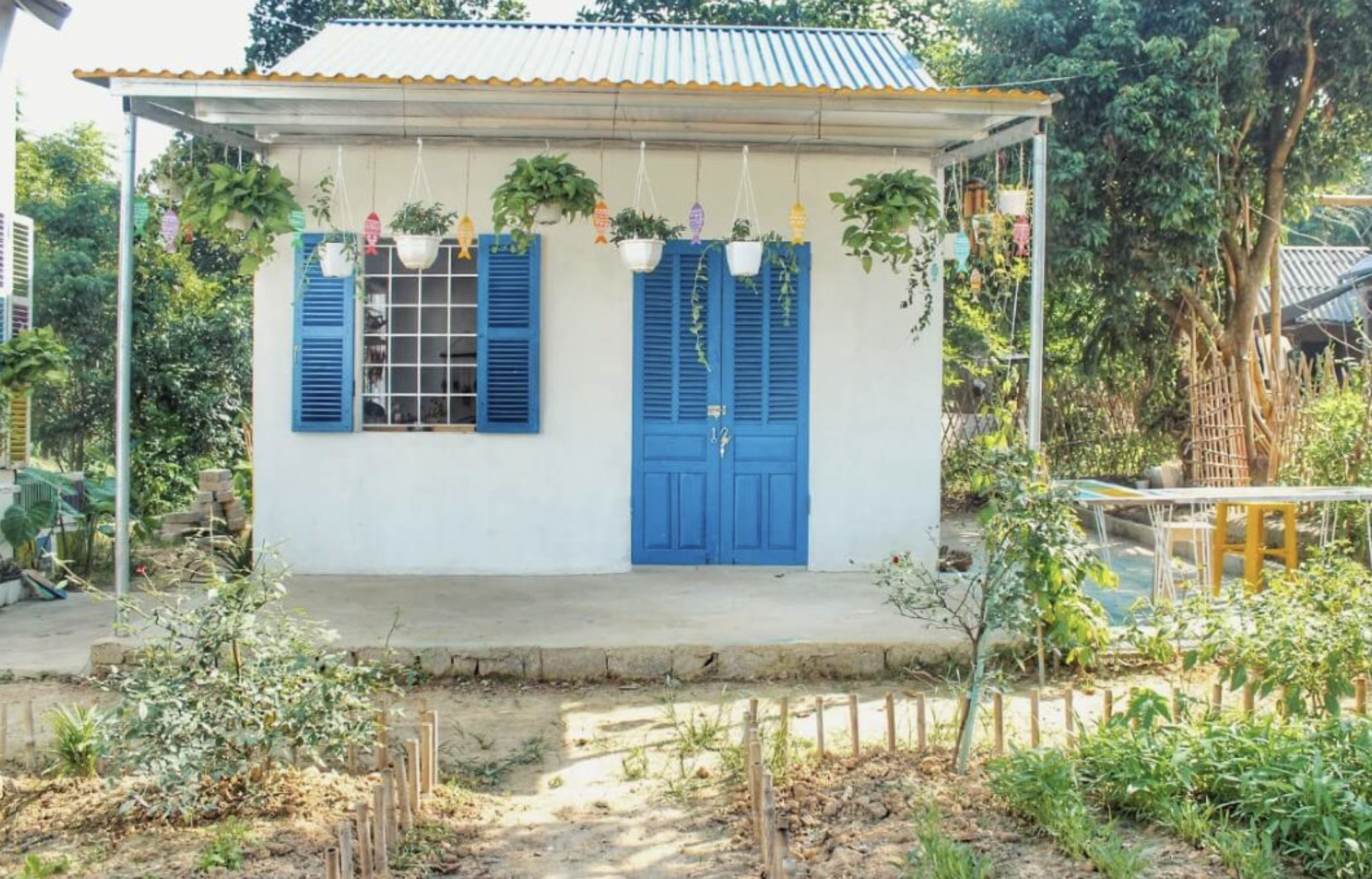 Ngôi nhà nhỏ, cửa và cửa sổ màu xanh, cây treo trước hiên, sân vườn xanh mát.