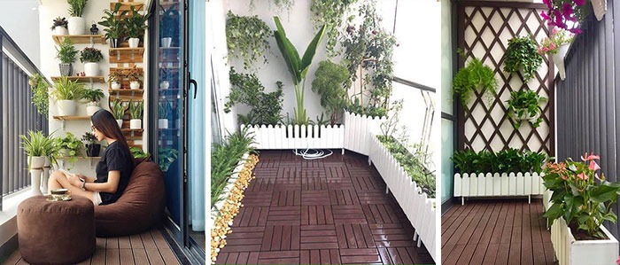 Ban công nhỏ với cây xanh và ghế lười, không gian thư giãn tuyệt vời cho gia đình.