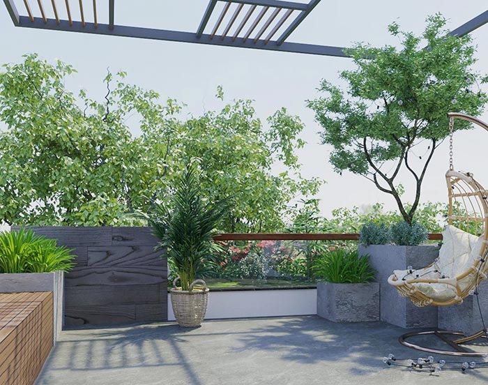 Ban công xanh mát với ghế treo và cây cảnh, không gian thư giãn ngoài trời hoàn hảo.