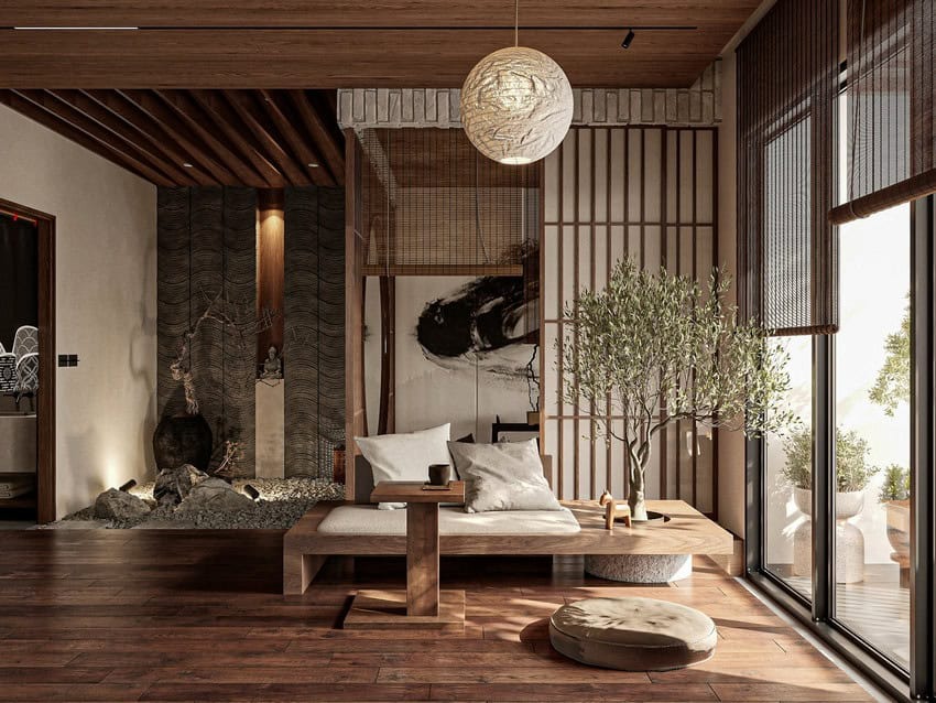Phòng khách phong cách Nhật Bản với bàn gỗ, cây xanh và đèn lồng trang trí ấm cúng.