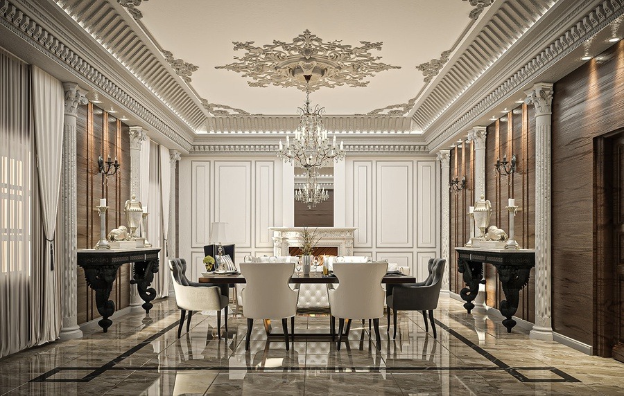 Phòng ăn cổ điển sang trọng với đèn chùm lộng lẫy và bàn ăn lớn, nội thất tinh tế.