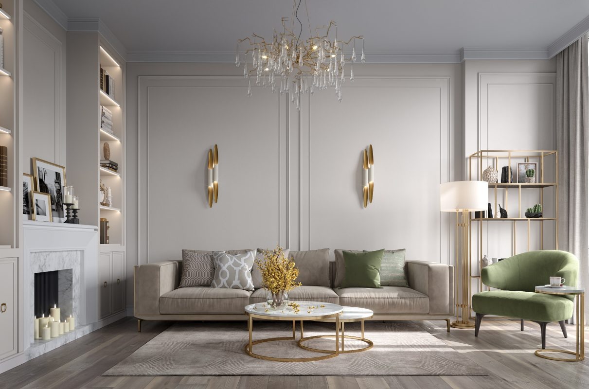 Phòng khách hiện đại với sofa xám, ghế lục, đèn chùm và bàn tròn, trang trí tinh tế và sang trọng.