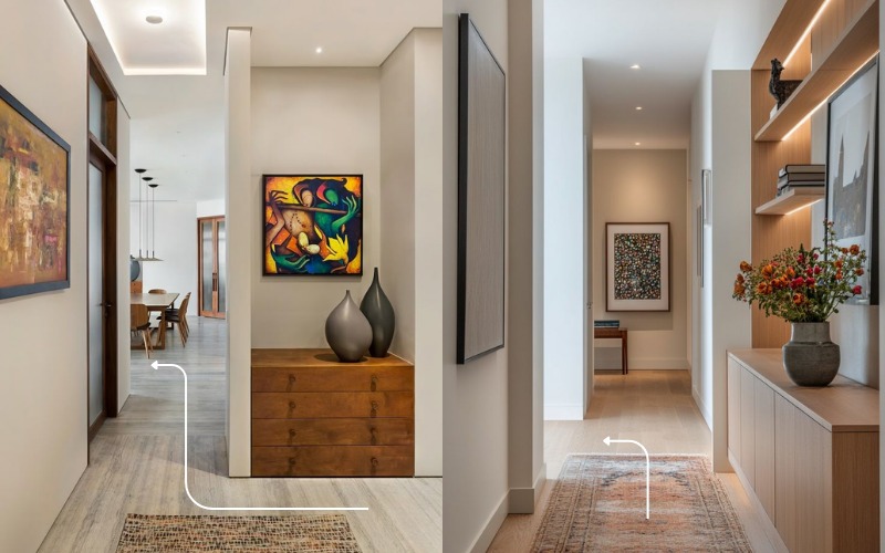 Không gian nội thất hiện đại với hành lang trang trí tranh nghệ thuật và đèn chiếu sáng.