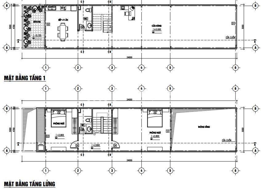 Bản vẽ mặt bằng tầng 1 và tầng lửng của ngôi nhà với chi tiết phòng ngủ, bếp ăn, WC và cửa hàng.