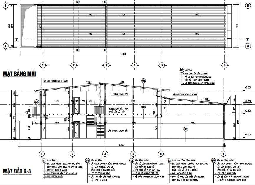 Bản vẽ kiến trúc nhà xưởng với mặt bằng mái và mặt cắt, chi tiết kích thước và vật liệu xây dựng sử dụng.