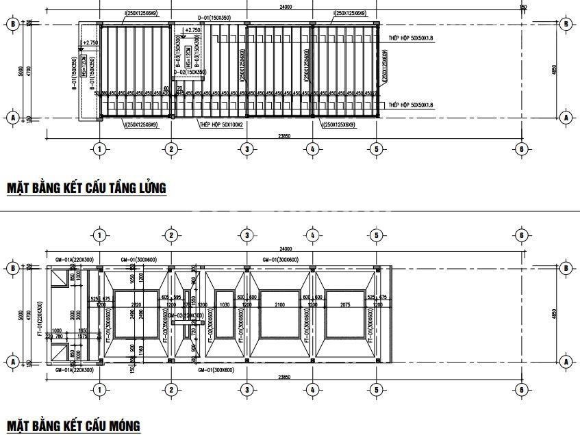 Bản vẽ kỹ thuật mặt bằng kết cấu tầng lửng và móng xây dựng, thể hiện chi tiết kích thước và bố trí các phần tử.
