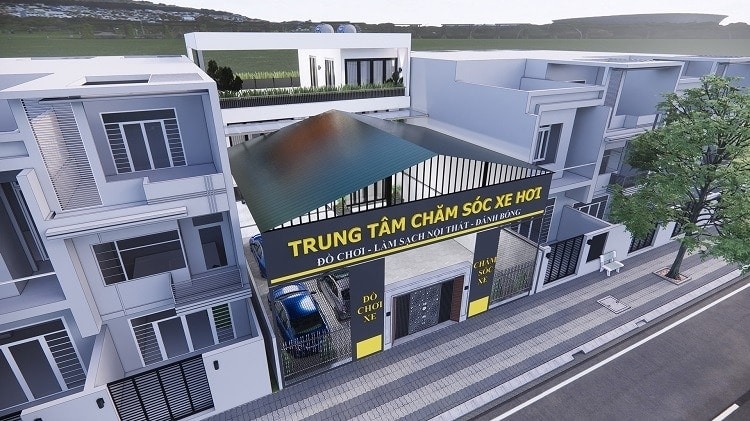 Trung tâm chăm sóc xe hơi hiện đại với gara và dịch vụ làm sạch nội thất tại một khu phố.
