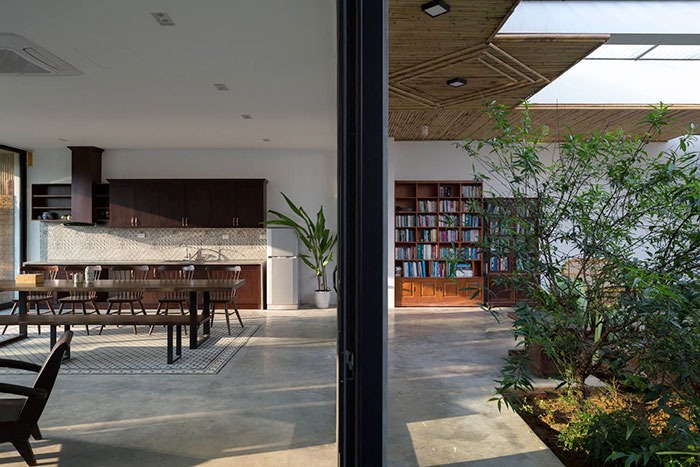 Không gian nội thất với nhà bếp hiện đại, cây xanh và giá sách, tạo cảm giác thoáng đãng và thư giãn.