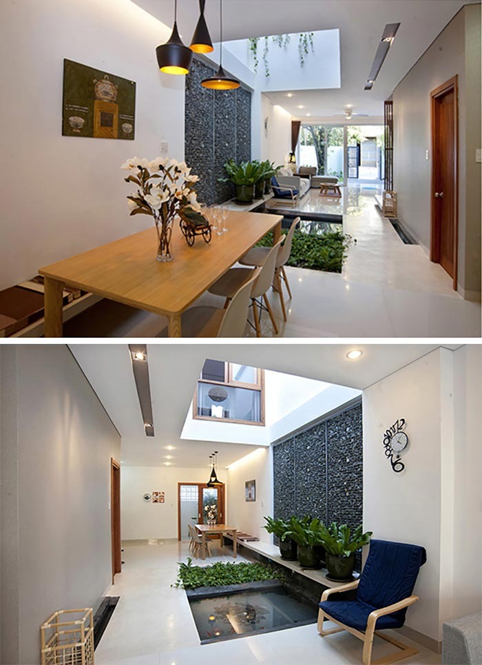 Không gian nội thất hiện đại với bàn gỗ và cây xanh, tạo cảm giác thư giãn và gần gũi với thiên nhiên.