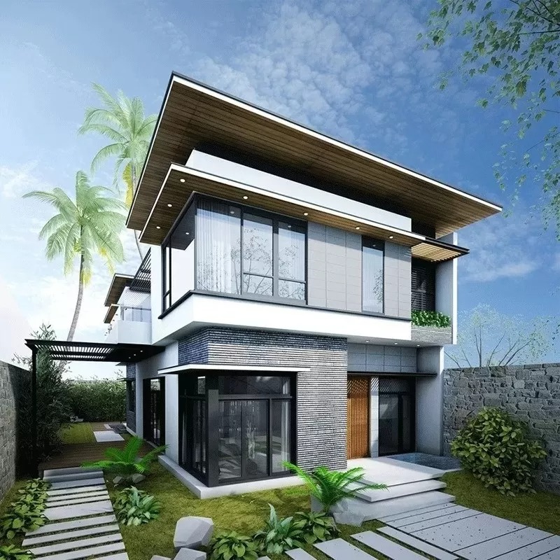 Ngôi nhà hiện đại hai tầng với mái gỗ và vườn xanh, có cây cảnh và tường đá bao quanh.