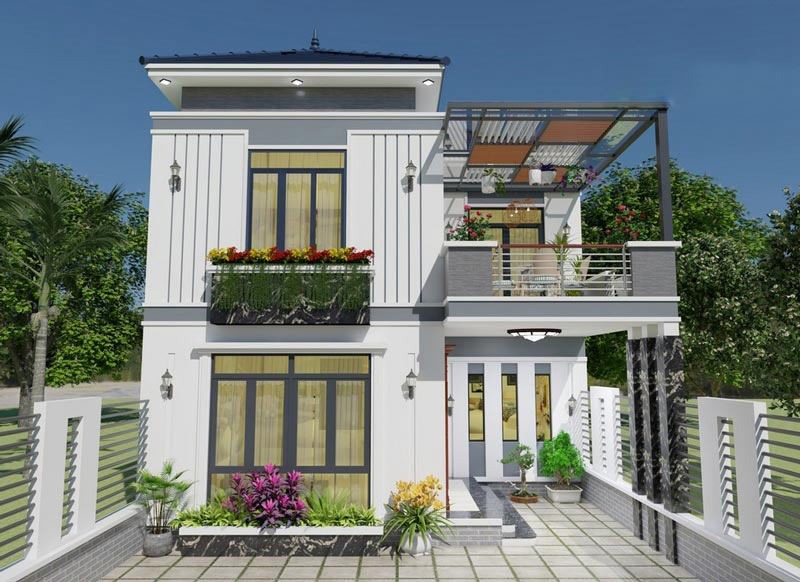 Nhà hai tầng hiện đại với sân vườn và ban công đầy cây xanh, thiết kế mái lệch độc đáo.