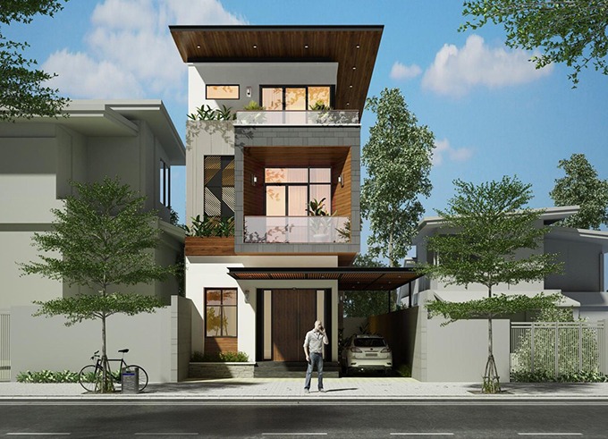 Ngôi nhà hiện đại 3 tầng với thiết kế mái bằng và sân trước rộng, cây xanh tạo không gian thoáng mát.