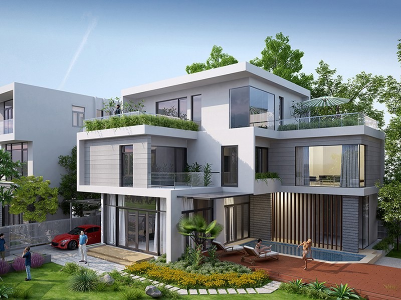 Biệt thự hiện đại hai tầng với sân vườn xanh mát và bể bơi nhỏ bên cạnh, xe hơi đỏ đỗ trước sân.