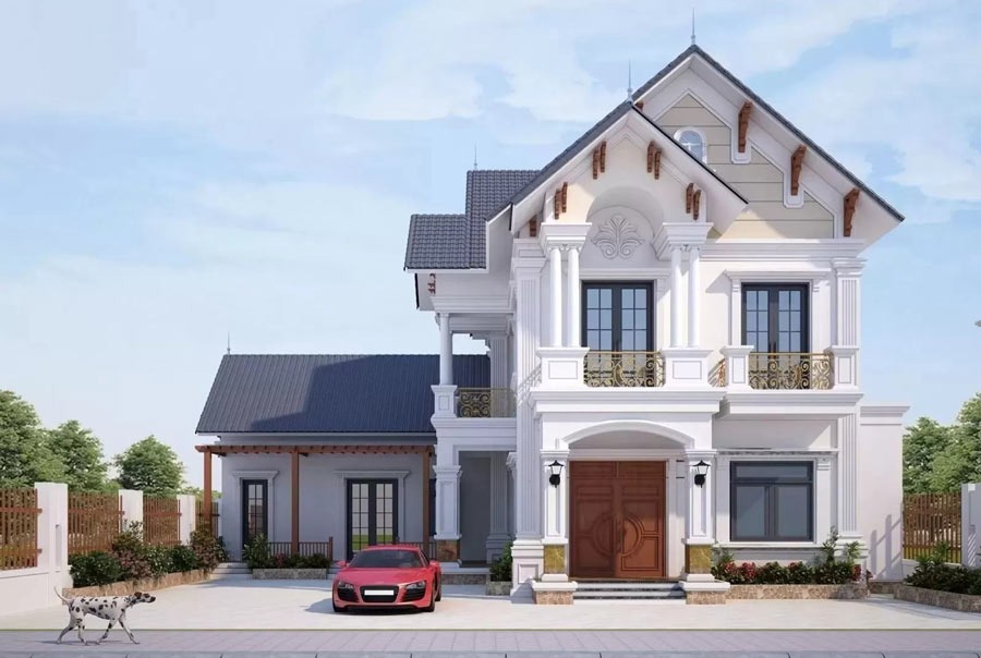 Nhà biệt thự hai tầng phong cách hiện đại, có xe hơi đỏ và chó trong sân rộng, dưới bầu trời xanh.