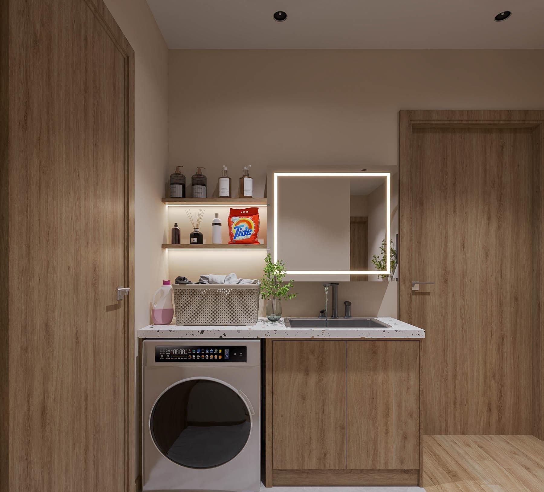 Phòng giặt hiện đại với máy giặt, kệ gỗ, sản phẩm tẩy rửa và gương sáng, tạo cảm giác sạch sẽ và tiện nghi.