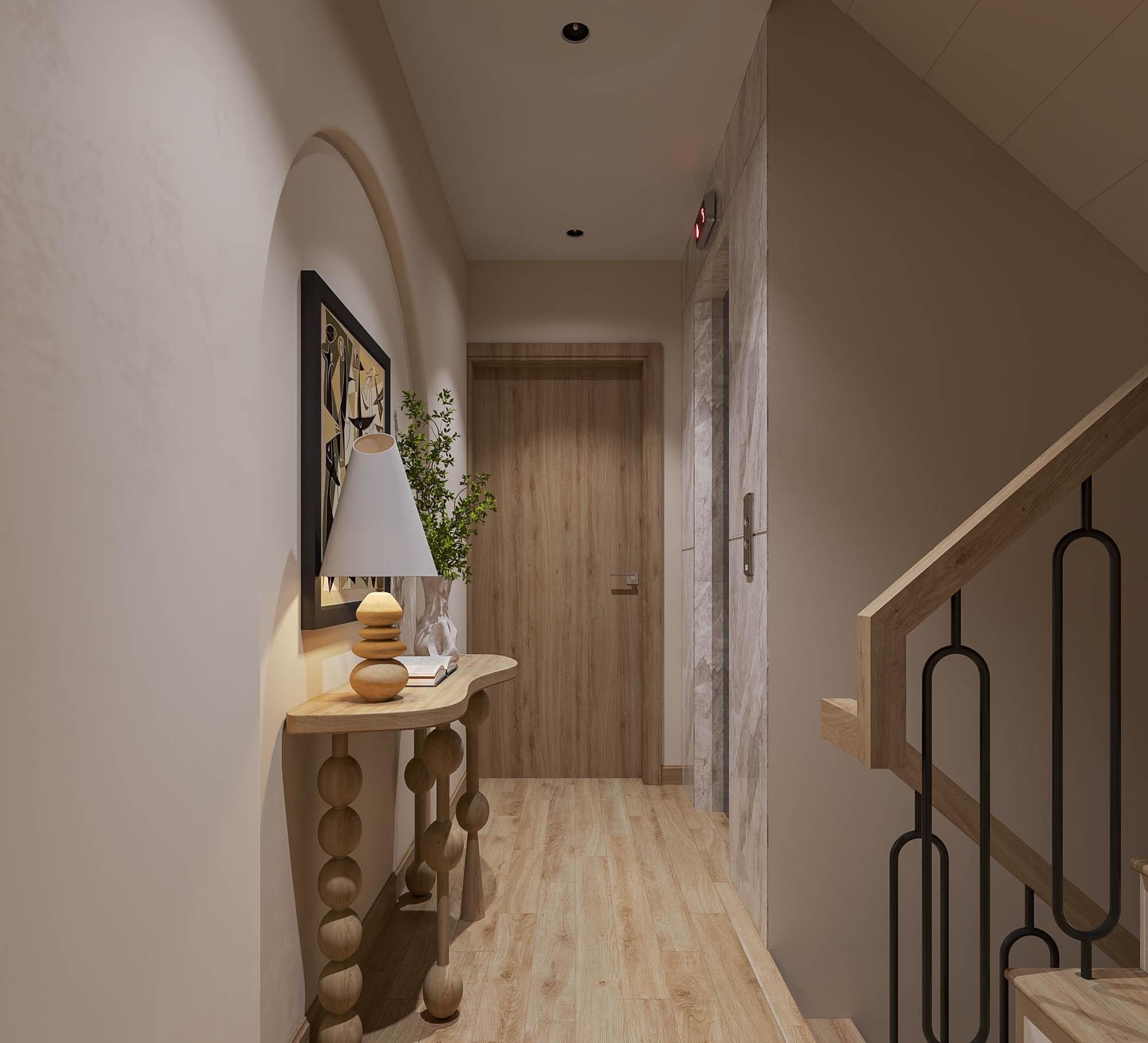Hành lang gỗ hiện đại với bàn trang trí và tranh treo tường, tạo không gian ấm cúng và thẩm mỹ.