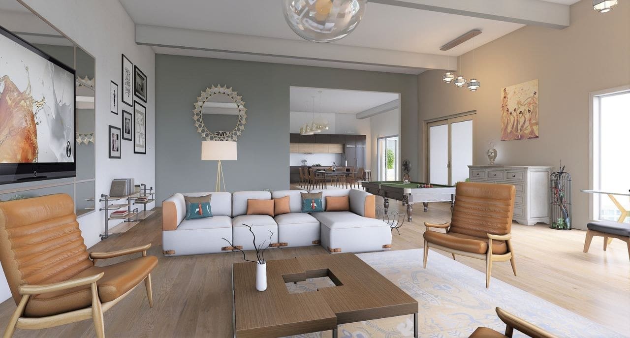 Phòng khách hiện đại với bộ sofa trắng, ghế da nâu và bàn gỗ, trang trí nội thất tối giản và sáng sủa.