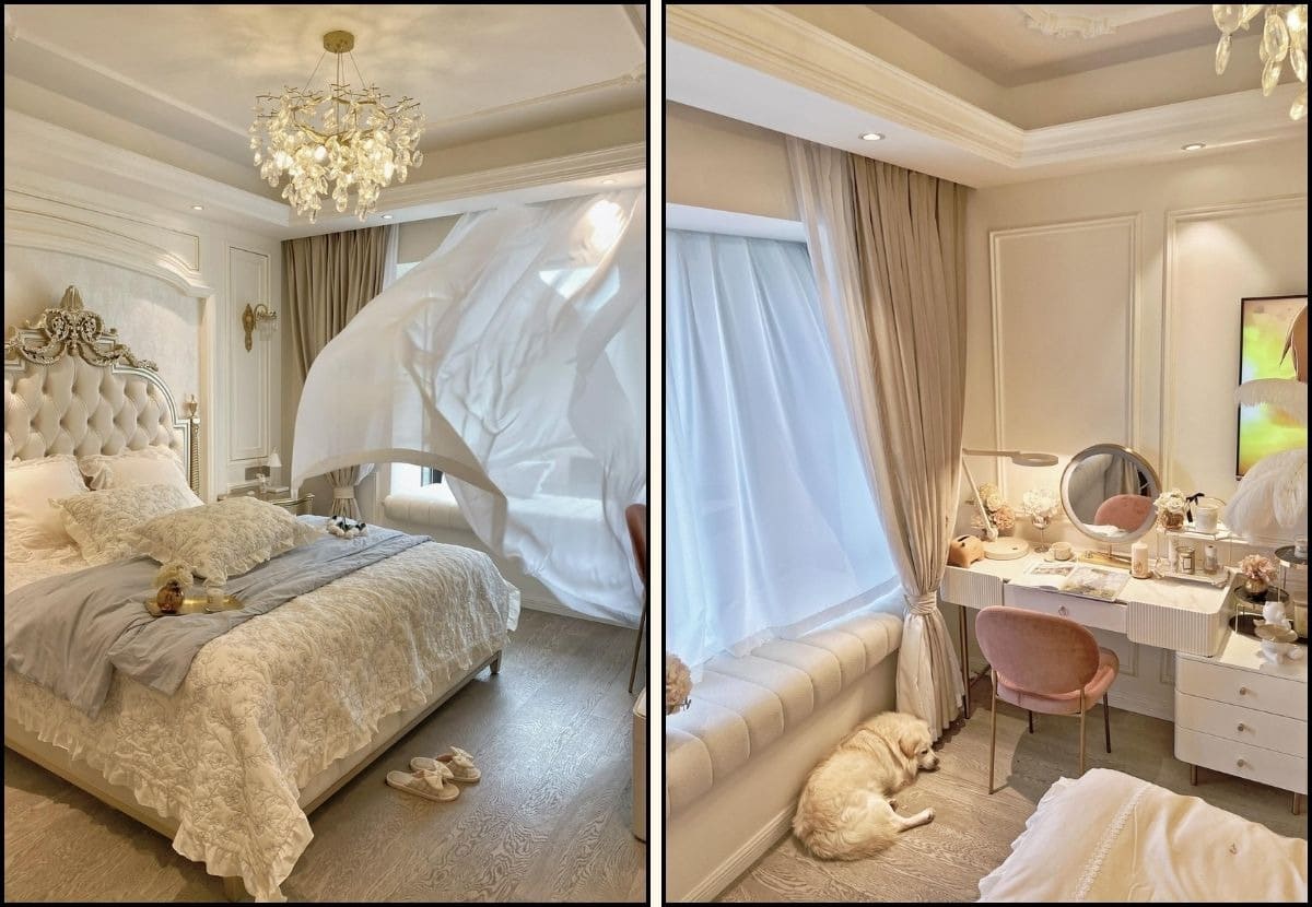 Phòng ngủ sang trọng với ánh sáng tự nhiên, giường trắng và rèm cửa bay, chó nằm cạnh bàn trang điểm.